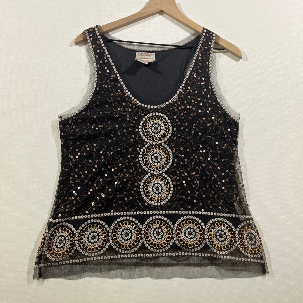 MSSP Sleeveless Top Large Women Black Gold Medallion Boho Sequin Mesh Party Tank